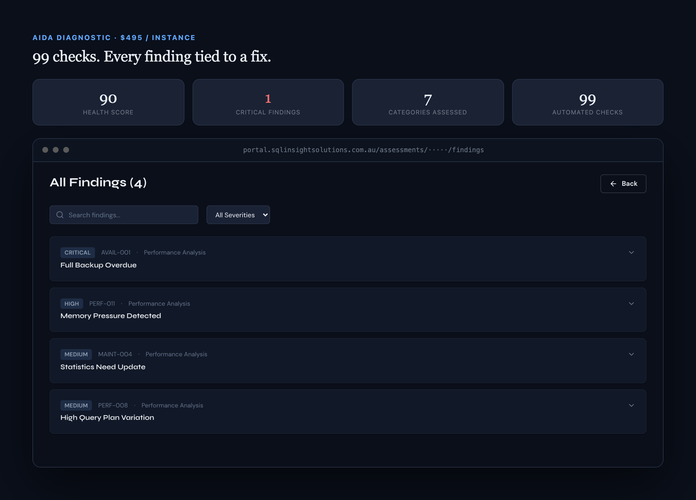 AIDA Diagnostic real findings list captured from the client portal, showing critical, high and medium severity findings with remediation guidance