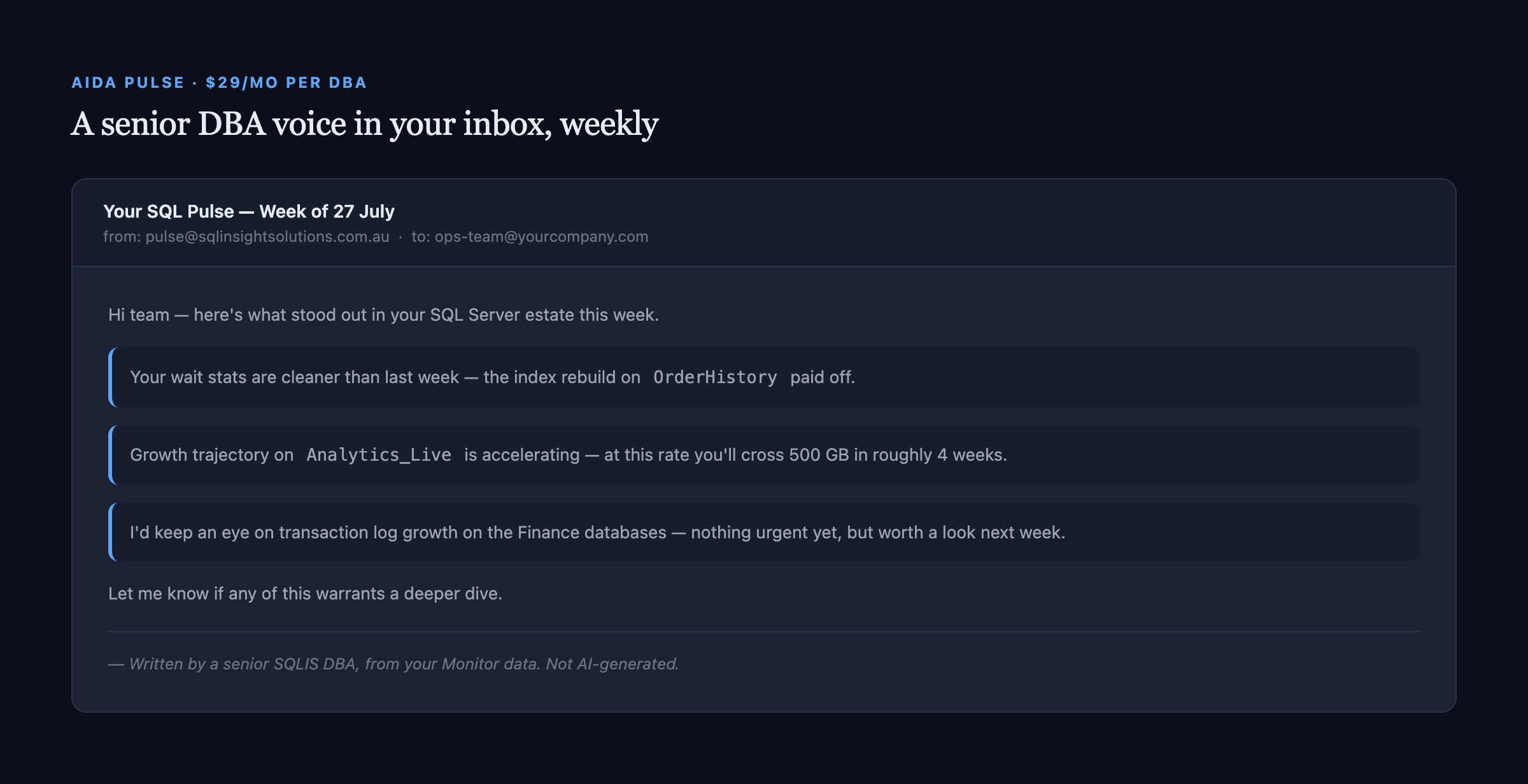 Sample AIDA Pulse email from a senior DBA with three observations and a forward-looking flag