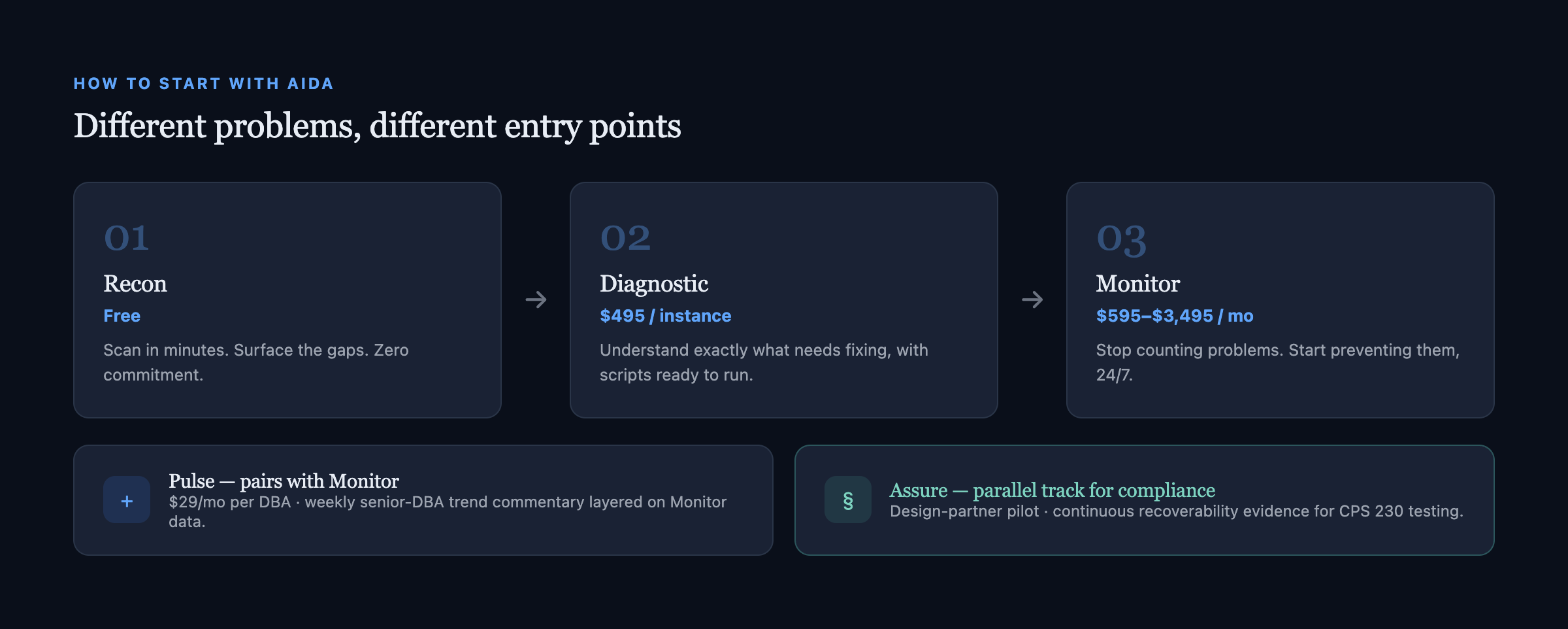 Value ladder showing Recon, Diagnostic and Monitor as the core progression, with Pulse and Assure shown as parallel add-ons